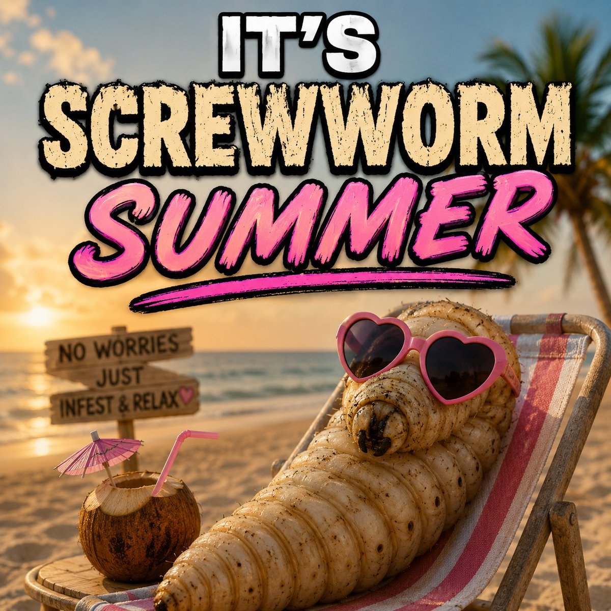 It's Screwworm Summer — grub relaxing on a beach chair in heart sunglasses