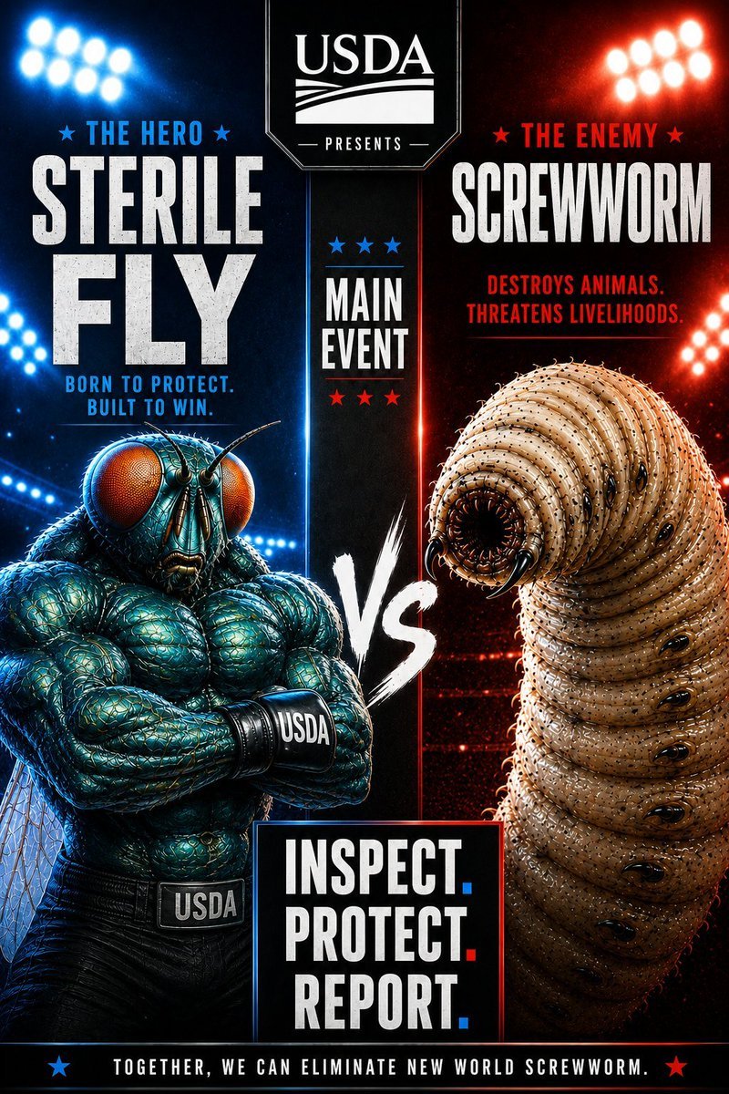 USDA-style fight poster: Sterile Fly vs Screwworm